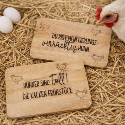 Lustiges Holzbrettchen mit Spruch – Frühstücksbrettchen mit Huhn