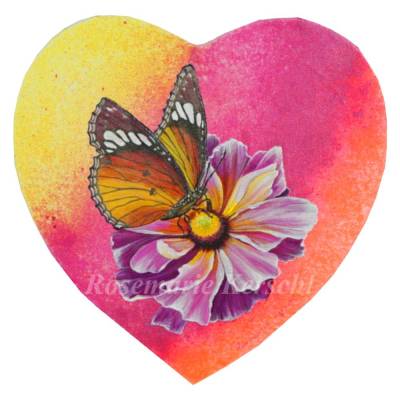 Fantasyblume & Schmetterling Herzform Acrylbild Unikat – Handgemalt auf Leinwand 29 x 28 cm