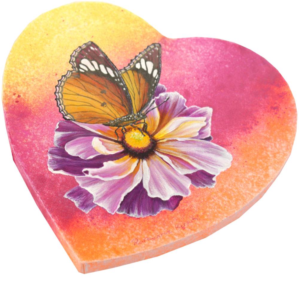 Fantasyblume & Schmetterling Herzform Acrylbild Unikat – Handgemalt auf Leinwand 29 x 28 cm Bild 2