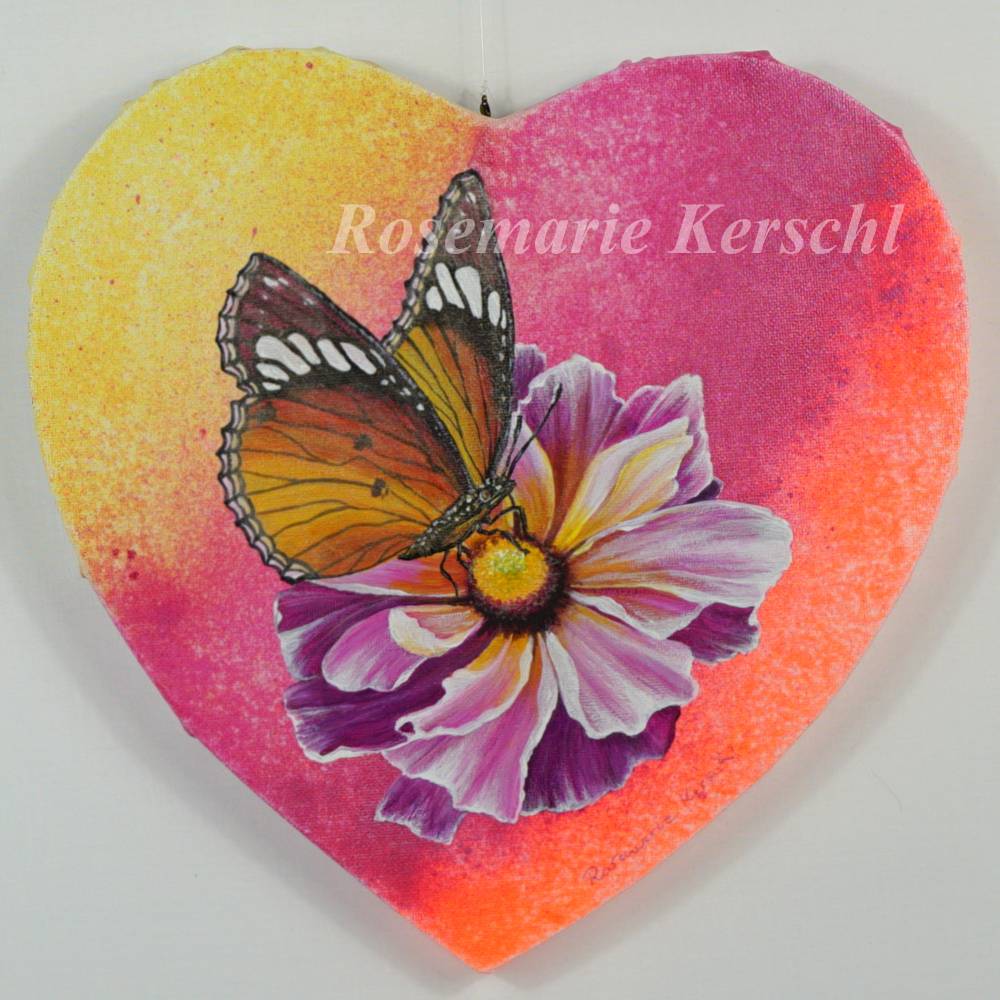 Fantasyblume & Schmetterling Herzform Acrylbild Unikat – Handgemalt auf Leinwand 29 x 28 cm Bild 4