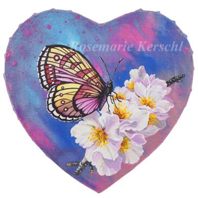 Mandelblüte & Schmetterling Herzform Acrylbild Unikat handgemalt – 29 x 28 cm Leinwand