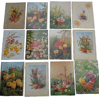 Vintage Retro Osterpostkarten 12er Set – 3x4 Stück verblistert, DIN A6, brillanter Bilderdruck
