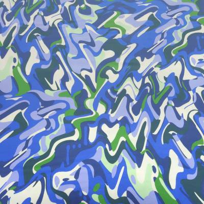 Stoff Baumwolle Jersey mit abstrakten grafischen Design hellblau blau grün cremeweiß Kleiderstoff Kinderstoff