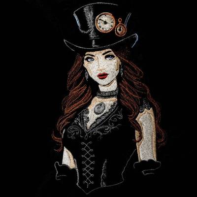 Steampunk Lady Stickdatei 15-16x24-26cm, 17x20cm JEF – Lichteffekt, viktorianisch, für schwarze Stoffe