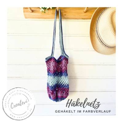 Gehäkeltes Einkaufsnetz Farbverlauf aus Baumwolle – kleine Netztasche in Hellblau Rosa Lila für Alltag und Einkauf
