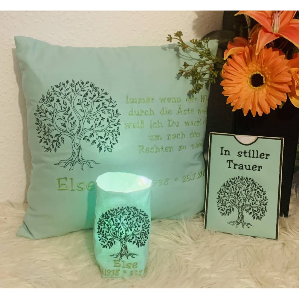 Stickdatei Lebensbaum Trauer Set – Lichtbeutel, Karte & Kissenmotiv für Stickmaschine / Sternenkind Bild 1