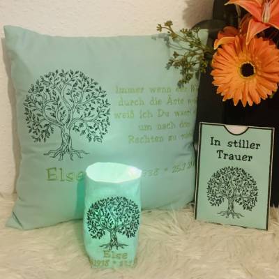 Stickdatei Lebensbaum Trauer Set – Lichtbeutel, Karte & Kissenmotiv für Stickmaschine / Sternenkind