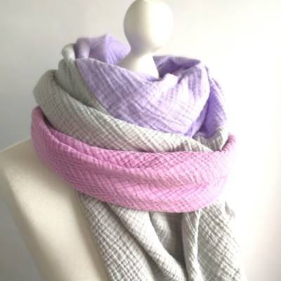 XXL Musselintuch rosa/lila/grau gemustert – Dreieckstuch, Wickelschal & Stola, 100% Baumwolle, 128x128 cm