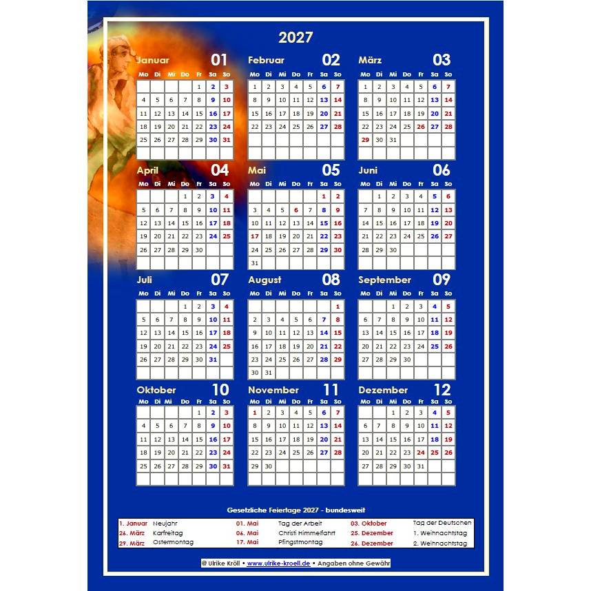 Jahreskalender 2027 auf einen Blick – mit der Zipfelmütze PDF – DIN A4 zum Ausdrucken Bild 1