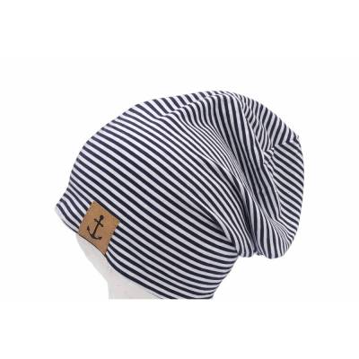 Beanie Mütze blau weiß gestreift für Kinder und Erwachsene mit Ankerpatzch, Babymütze,Slouch Beanie unisex