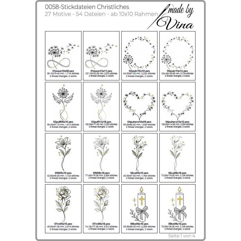 Christliche Stickdateien ab 10x10 cm – 27 Motive für Taufe, Kommunion, Hochzeit & Trauer – 54 Dateien Set Bild 3