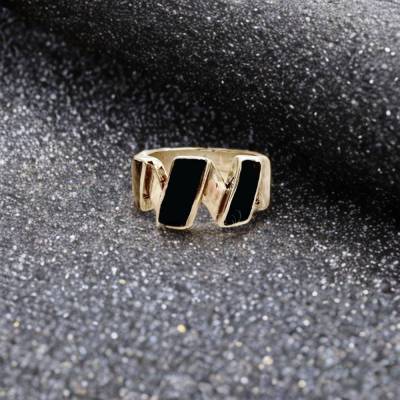 Vintage 925 Silber Ring mit Onyx Inlay – Geometrischer Modernist Retro Statement Ring