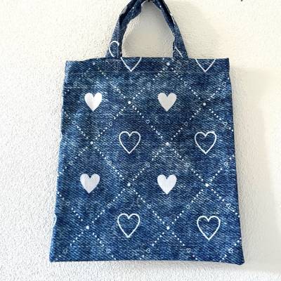 Stofftasche Stoffbeutel Kindertasche Geschenketasche Kindergartentasche Büchertasche Herzchen blau