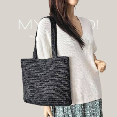 Raffia, Tasche, Basttasche, schwarz, Boho, Shopper, Umhängetasche, gehäkelt 