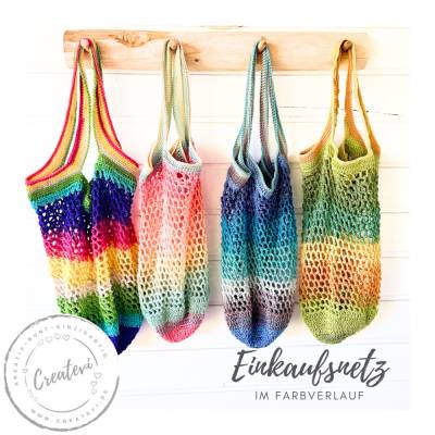 Gehäkeltes Einkaufsnetz bunt mit Farbverlauf – nachhaltige Netztasche aus Mikrofaser-Acryl, handgemacht & flexibel