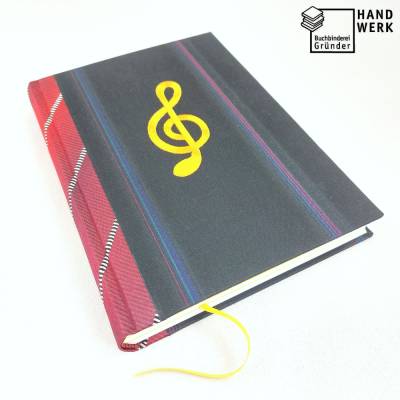 Notizbuch, Notenschlüssel, A5, 280 Seiten, upcycling, Nadelstreifen, rot schwarz, füllertauglich