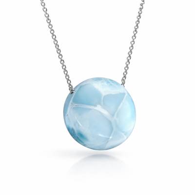 Larimar Kette Cabochon Rund 20mm – 925 Silber Platin rhodiniert – Echter Naturstein Ocean Unikat