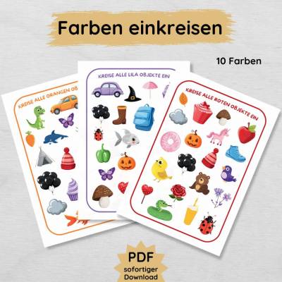 Farben einkreisen Suchspiel für Kinder zum Ausdrucken, Farberkennung Lernspiel PDF