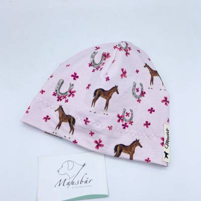 Mütze, KU 40 - 43 cm, Beanie, einlagig, Sommermütze, rosa, Pferde