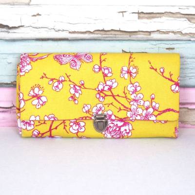 Große Geldbörse für Frau in Gelb-Pink mit filigranen Ranken, Damen Portemonnaie