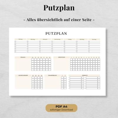 Putzplan zum Ausdrucken A4 – Haushaltsplan PDF für Woche, Monat & Jahr | Reinigungsplan für Haushalt