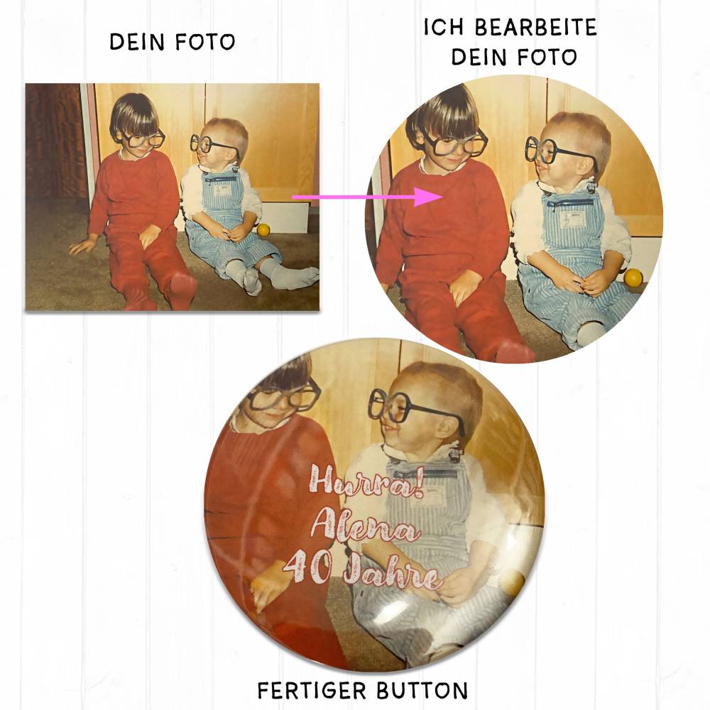 Individualisierter Button mit eigenem Foto/Text | 25/38/59mm | Gastgeschenk Hochzeit & Geburtstag Bild 8