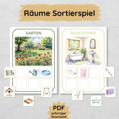 Räume Sortierspiel für Kinder zum Ausdrucken, Räume im Haus entdecken Legespiel