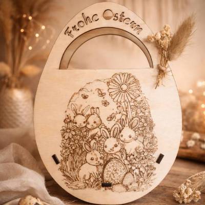Holz Osterkörbchen „Frohe Ostern“ – Boho Osterdeko mit Hasenmotiv