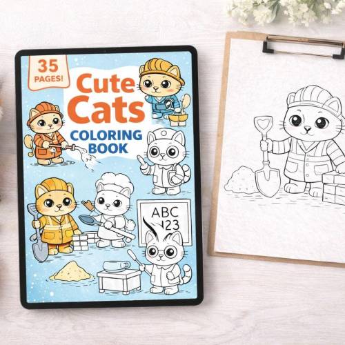 Cute Cats Coloring Book for Kids | 35 Fun & Easy Coloring Pages | Kawaii Cat Coloring Book | Printable PDF