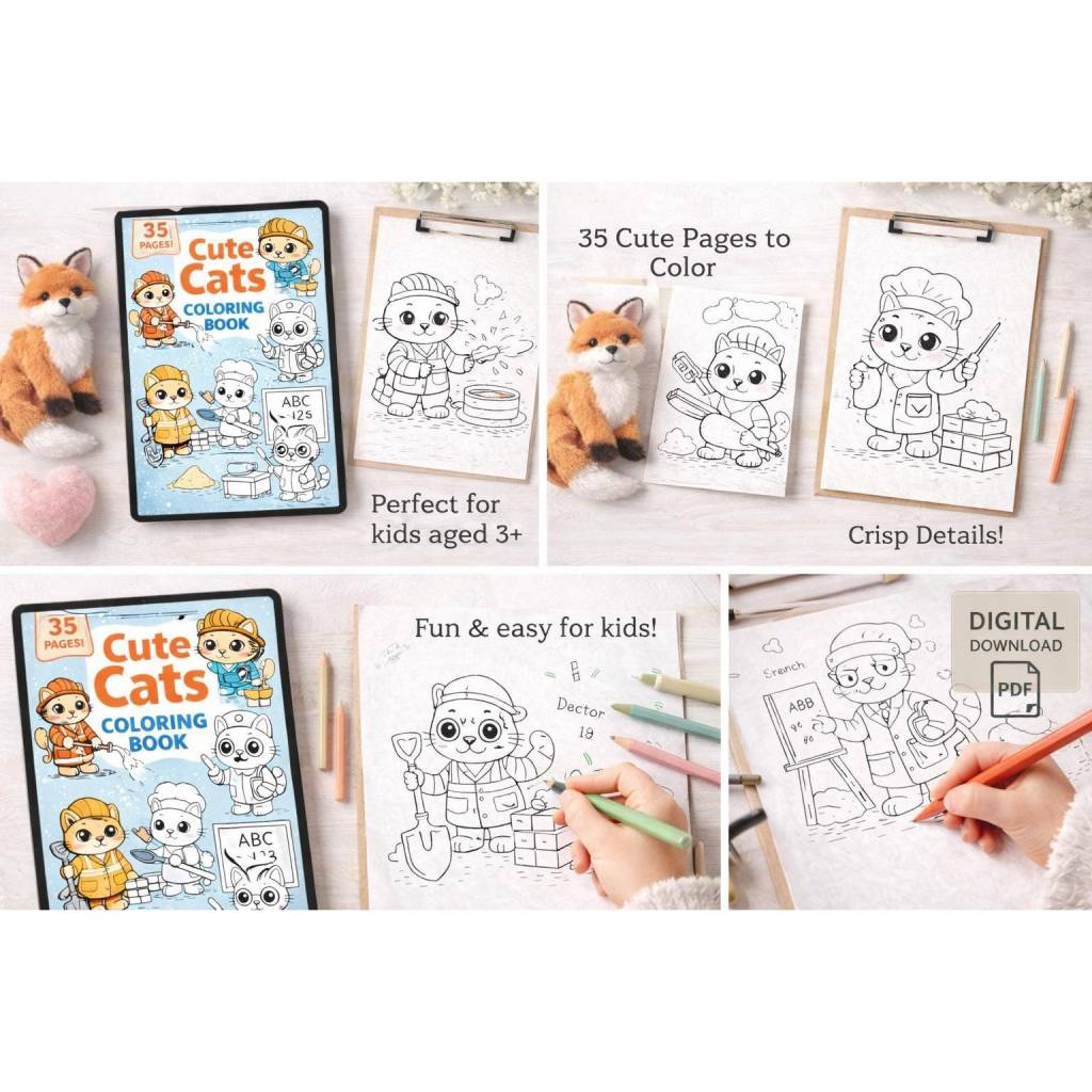 Cute Cats Coloring Book for Kids | 35 Fun & Easy Coloring Pages | Kawaii Cat Coloring Book | Printable PDF Bild 2