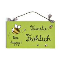 grünes Haustürschild für Familien mit Biene handgemalt und Name personalisiert, Türschild aus Holz für Wohnungstür und Hauseingang, originell & individuell - besonderes Geschenk für Partner, Familie, Freunde, Paare