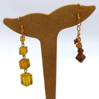Ohrhänger MIX, Glasperlen, Würfel + Rhomben, bis 7,5 cm, braun gold, Ohrringe, Ohrhaken, Ohrschmuck