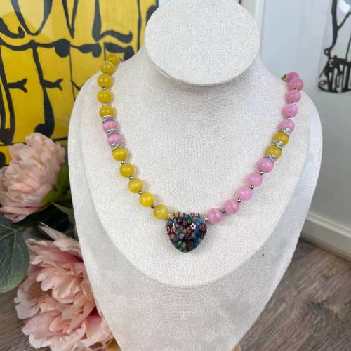 Katzenauge Perlen Halskette gelb Damen 51cm Collier Herzanhänger Edelstahlverschluss Geschenk