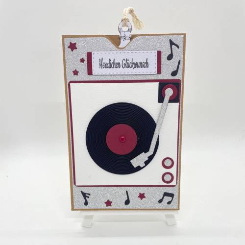 Geburtstagskarte mit Mini Schallplatte aus Kunststoff – Handgemachte Musikliebhaber Karte Kraftfarben Silber Rot Weiß