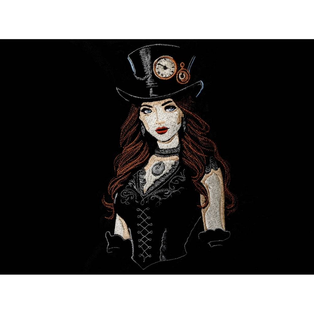 Steampunk Lady Stickdatei 18-20x26-30cm, 21x40cm EXP – Lichteffekt, viktorianisch, für schwarze Stoffe Bild 1