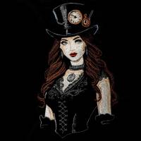 Steampunk Lady Stickdatei 18-20x26-30cm, 21x40cm EXP – Lichteffekt, viktorianisch, für schwarze Stoffe