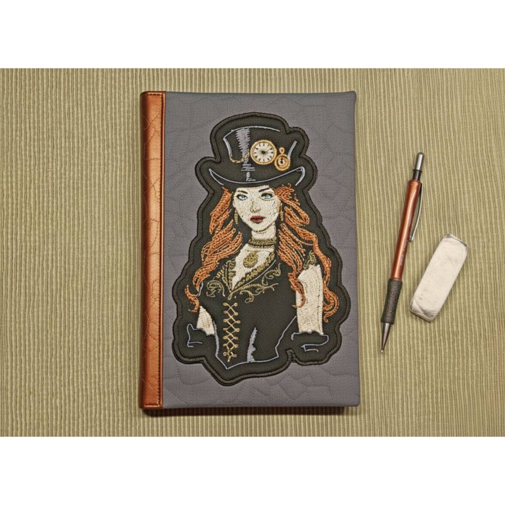 Steampunk Lady Stickdatei 18-20x26-30cm, 21x40cm EXP – Lichteffekt, viktorianisch, für schwarze Stoffe Bild 4