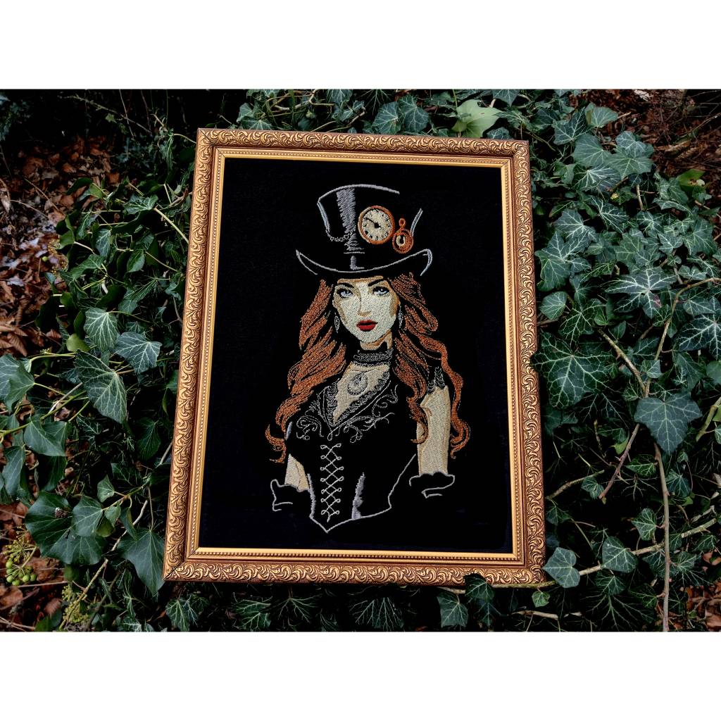 Steampunk Lady Stickdatei 18-20x26-30cm, 21x40cm EXP – Lichteffekt, viktorianisch, für schwarze Stoffe Bild 5