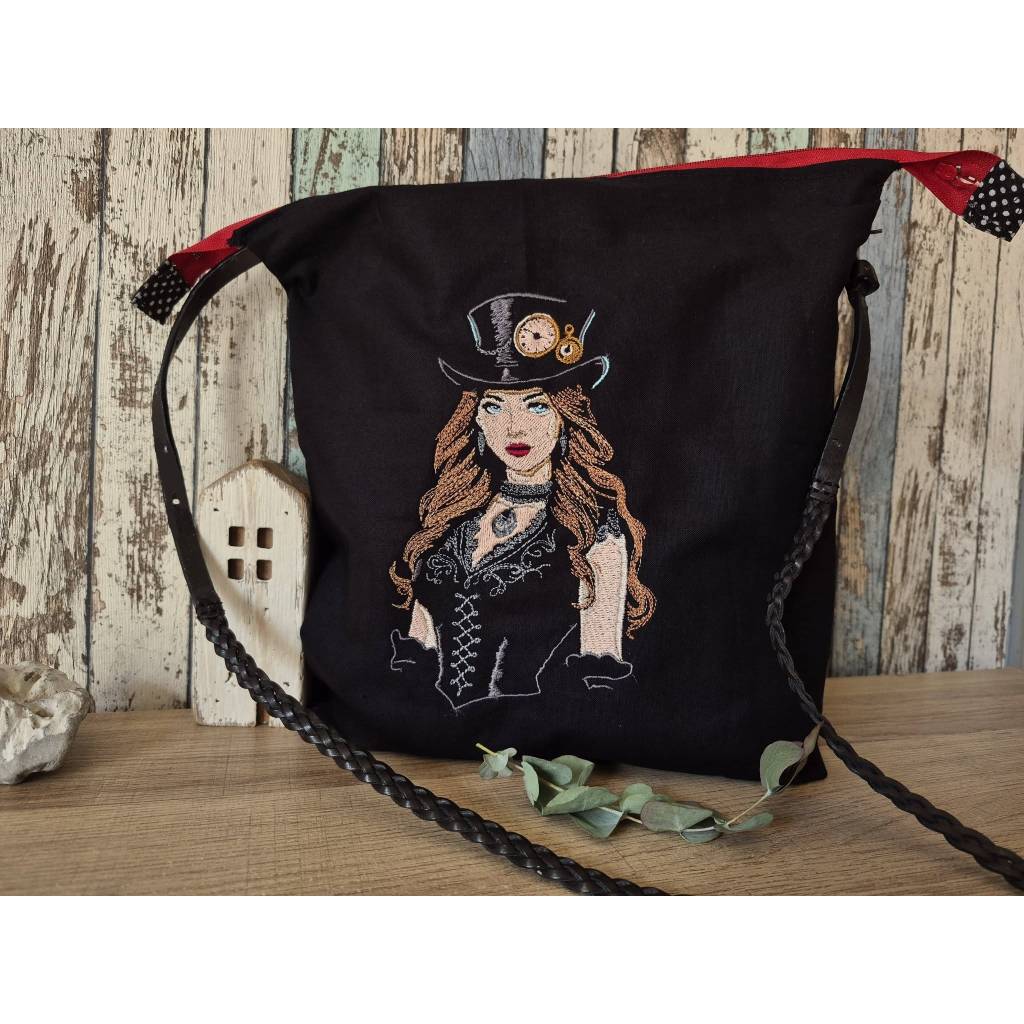 Steampunk Lady Stickdatei 18-20x26-30cm, 21x40cm EXP – Lichteffekt, viktorianisch, für schwarze Stoffe Bild 9