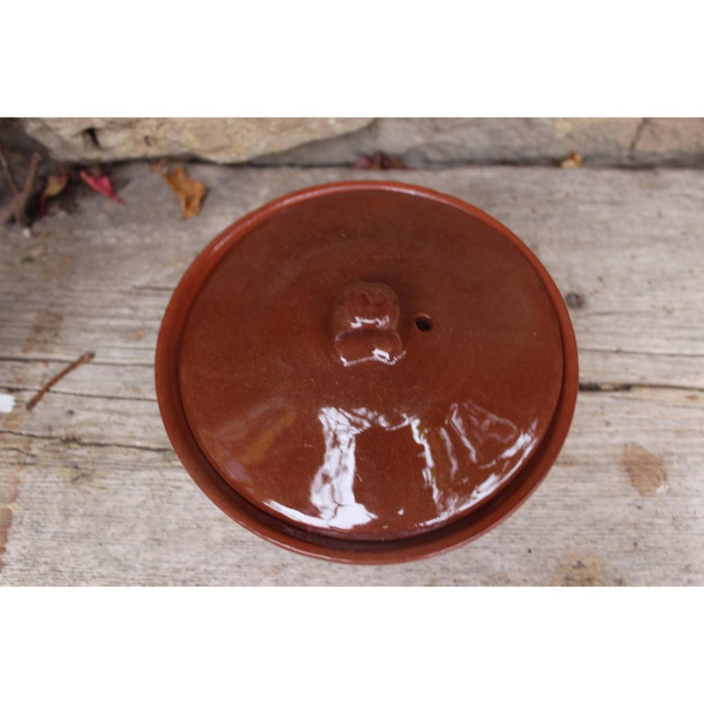 kleiner Tontopf mit Deckel Ø 16 cm Auflaufform Schmortopf Terracotta glasiert 80er 90er Jahre