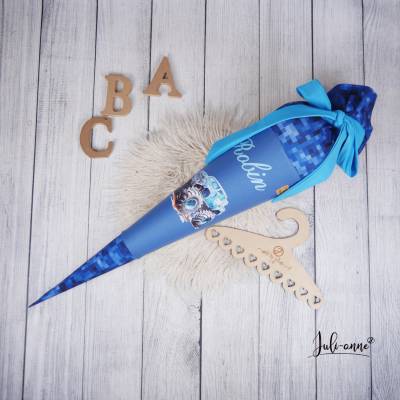 Schultüte Stoff Monstertruck Türkis Pixel 70cm 85cm   *personalisierbar und mit Kisseninlet