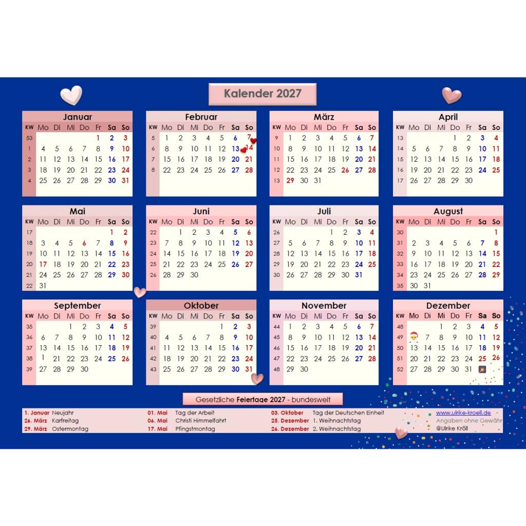 Jahreskalender 2027 auf einen Blick - Rosé auf Königsblau PDF – DIN A4