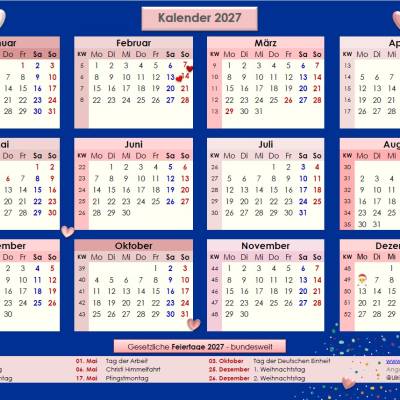 Jahreskalender 2027 auf einen Blick - Rosé auf Königsblau  PDF – DIN A4 zum Ausdrucken