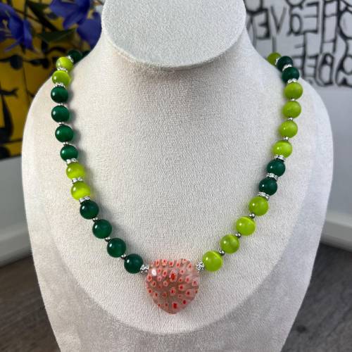 Katzenauge Perlen Halskette Damen Herren grün, Ø10mm, 51cm, Collier mit Edelstahlverschluss & Herzanhänger
