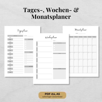 Minimalistisches Planer Set zum Ausdrucken – Tages, Wochen und Monatsplaner in Schwarz Weiß