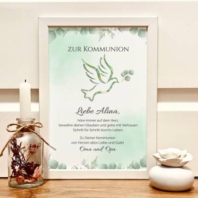 Personalisiertes Geldgeschenk zur Kommunion – Kommunionsgeschenk Bilderrahmen mit Namen & Taubenmotiv