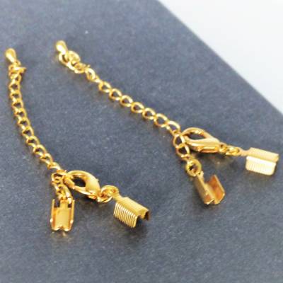 Schmuckverschluß mit Karabiner montiert mit Bandklemmen, gold, für flache Bänder, Kettenver