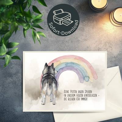 Digitale Tiertrauerkarte „Spuren im Herzen“ – Husky und Regenbogen