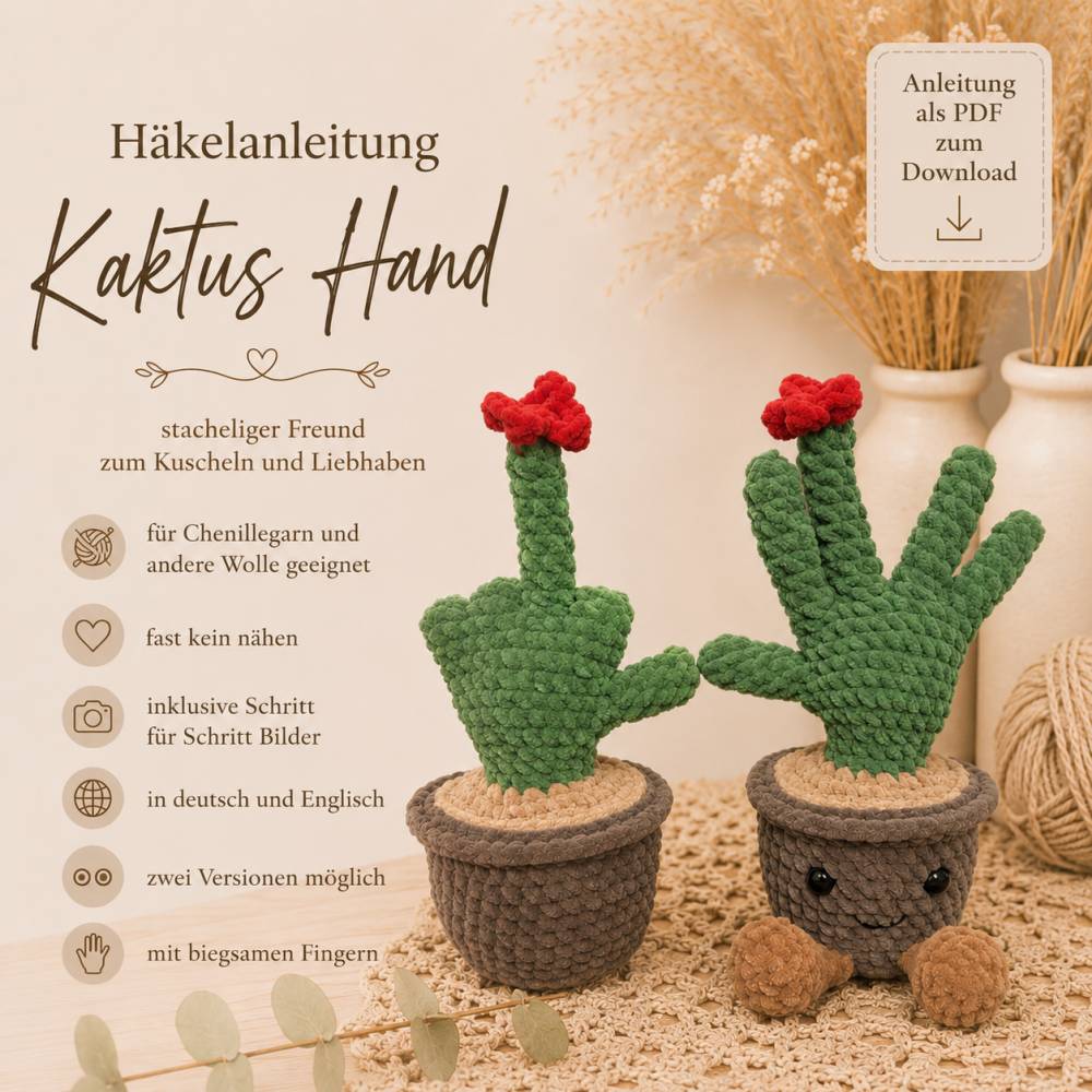 Hkelanleitung Amigurumi Kaktus-Hand Fucktus (ca. 15 cm) Kuscheltier PDF  deutsch