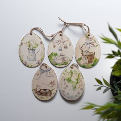 Osteranhänger Set *Happy Easter* aus Holz / Holzeier mit Ostermotiven als Osterdeko, Ostergeschenk oder Geschenkanhänger
